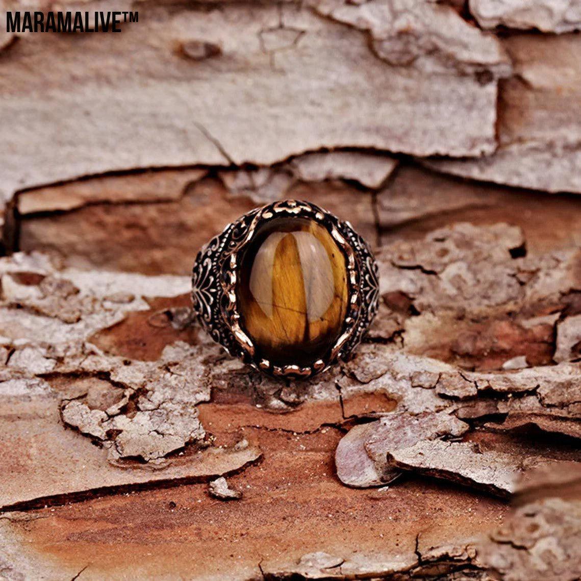 Punk Glyph Tiger Stone Ring