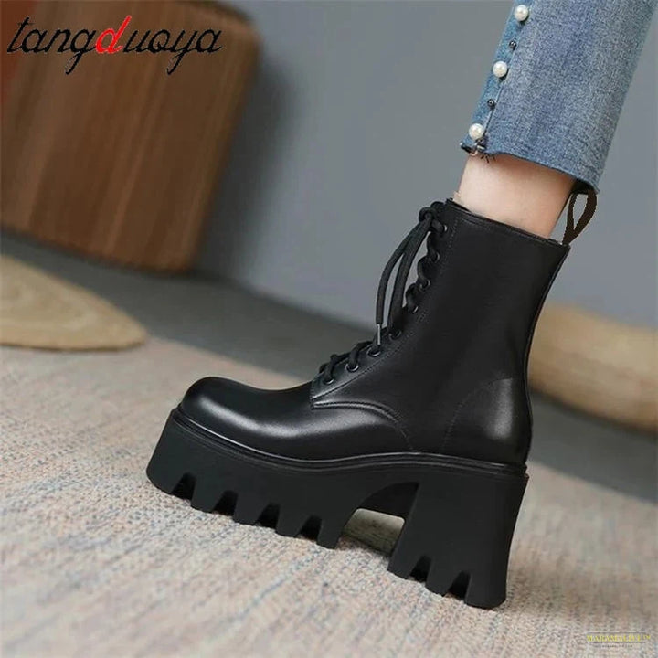 Punk Goth Ankle Boots Women Black Chunky Wedge Platform Shoes Woman Lace Autumn Patent Leather Footwear Lady Botas Mujer