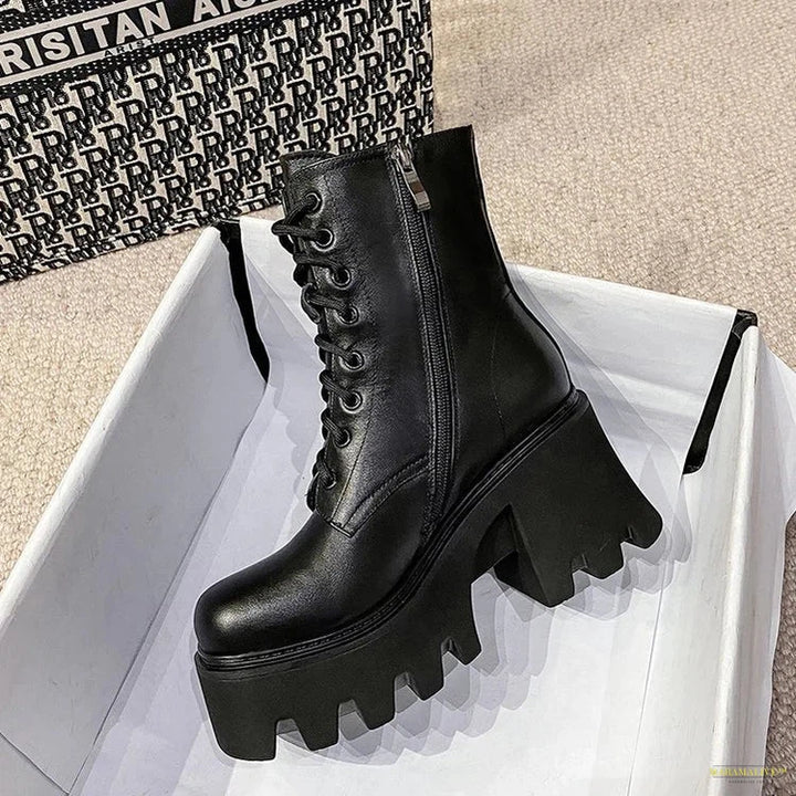 Punk Goth Ankle Boots Women Black Chunky Wedge Platform Shoes Woman Lace Autumn Patent Leather Footwear Lady Botas Mujer