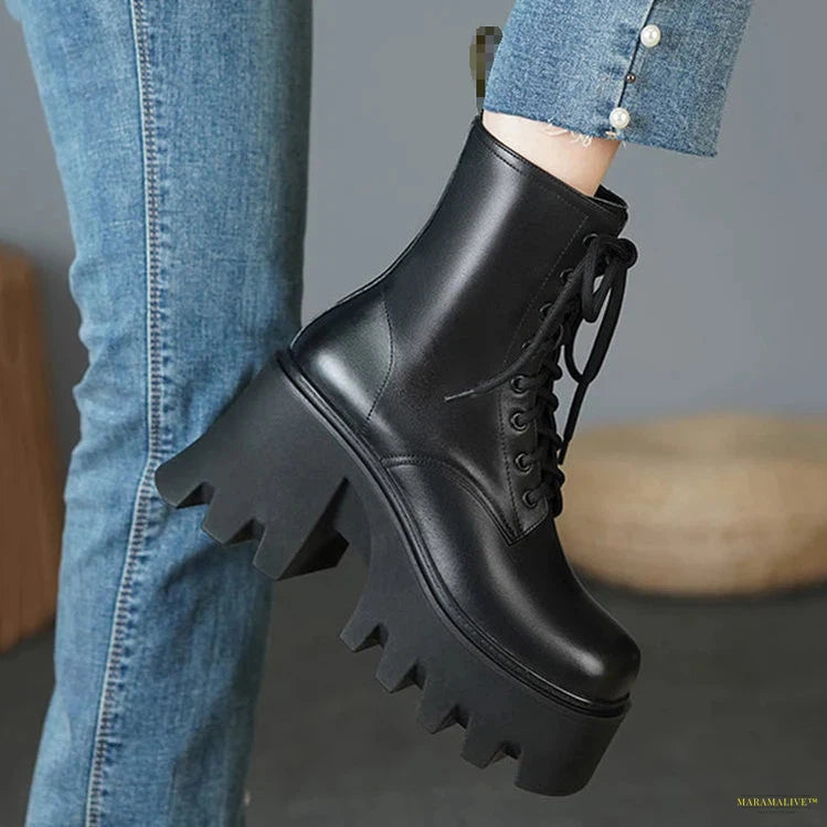 Punk Goth Ankle Boots Women Black Chunky Wedge Platform Shoes Woman Lace Autumn Patent Leather Footwear Lady Botas Mujer