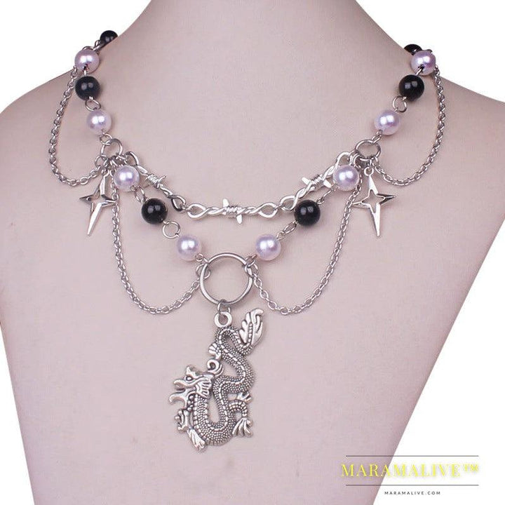 Punk Goth Faux Pearl Cross Necklace