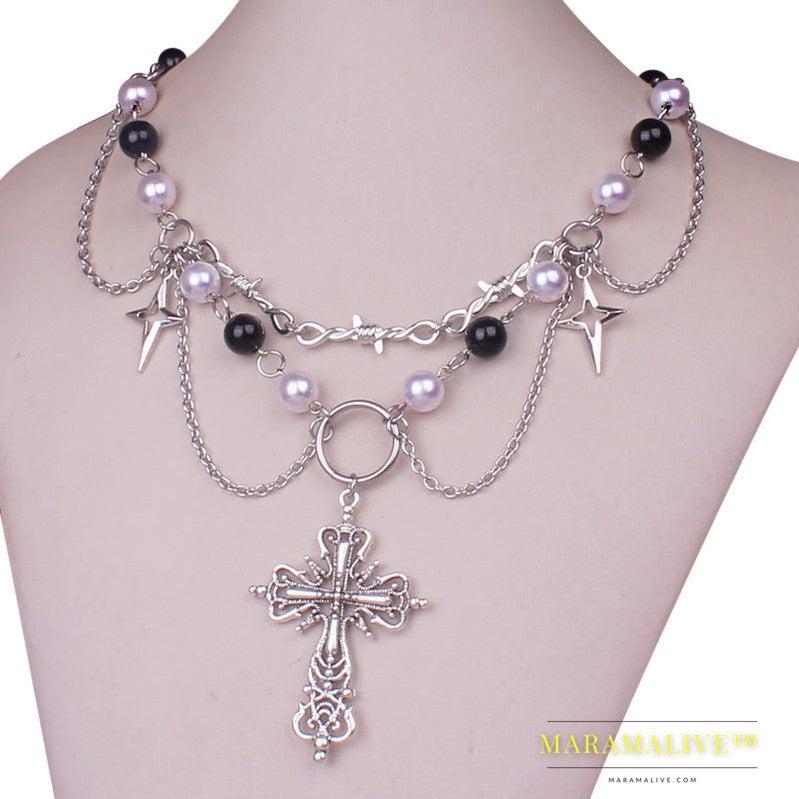 Punk Goth Faux Pearl Cross Necklace