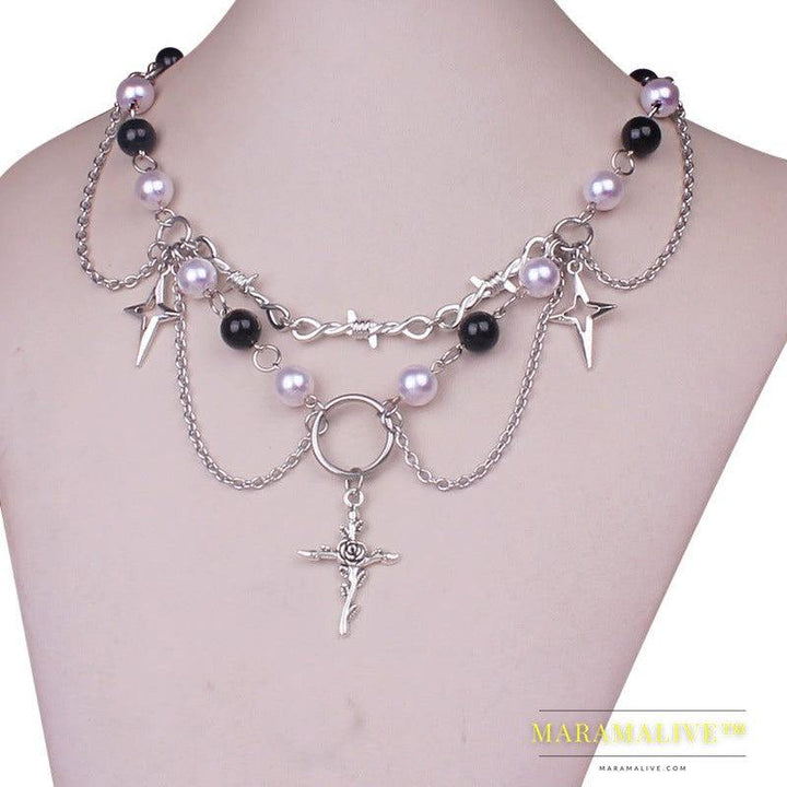 Punk Goth Faux Pearl Cross Necklace