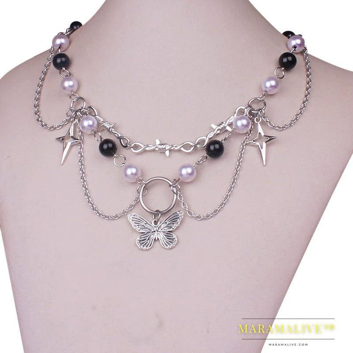 Punk Goth Faux Pearl Cross Necklace