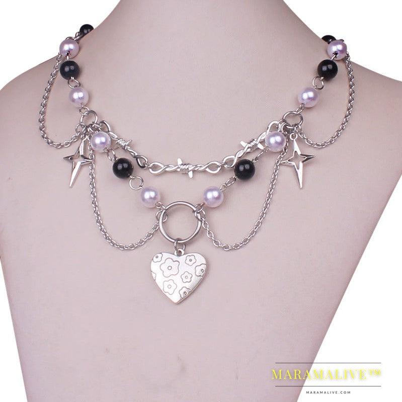 Punk Goth Faux Pearl Cross Necklace