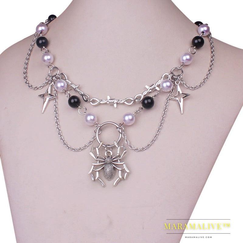 Punk Goth Faux Pearl Cross Necklace