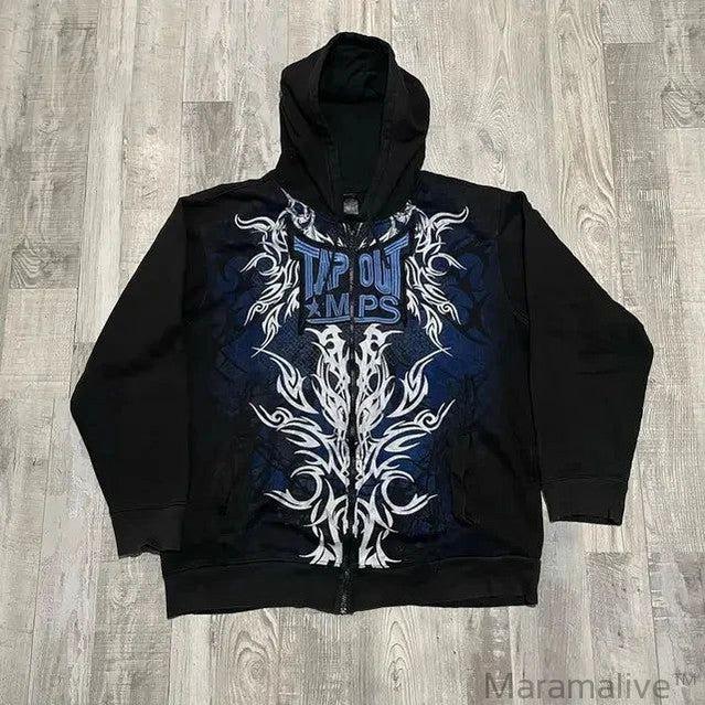 Punk Goth Oversized Print Hoodies Women Men Streetwear Zip Up Hoodie Y2k Long Sleeve Hooded Sweatshirt Loose Retro Coats Tops