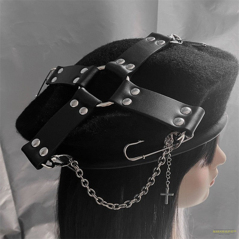 Punk Goth Pu Cross Pin Chain Painter Hat Maramalive™