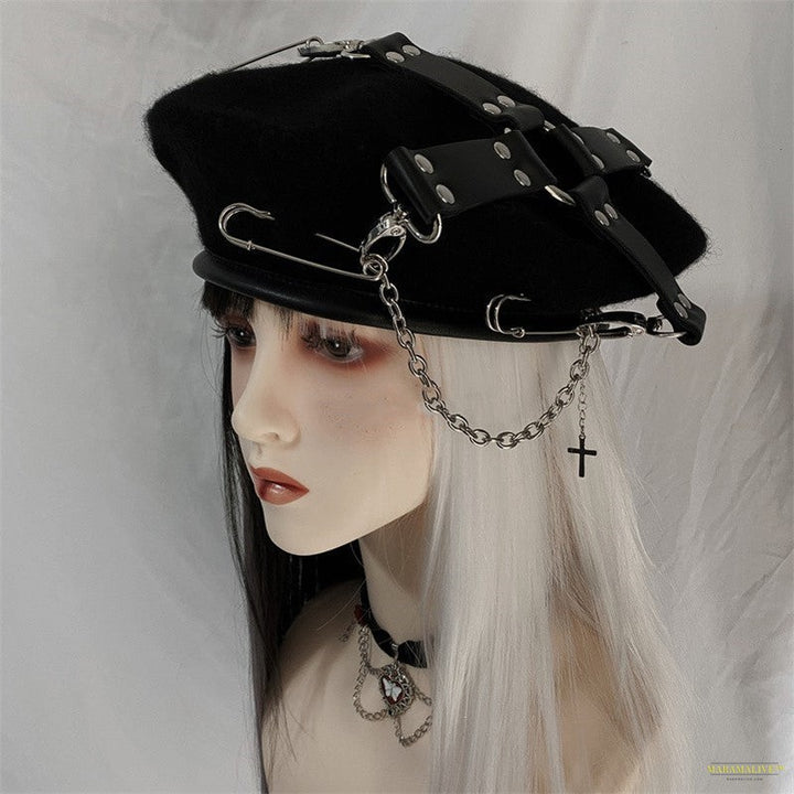 Punk Goth Pu Cross Pin Chain Painter Hat Maramalive™