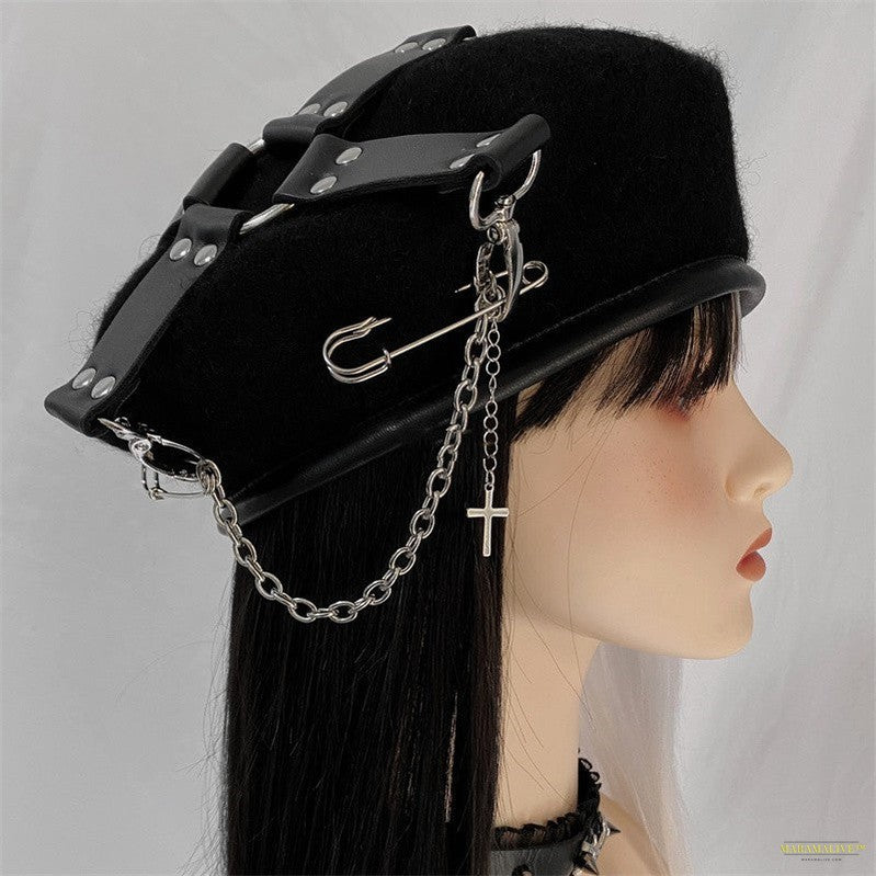 Punk Goth Pu Cross Pin Chain Painter Hat Maramalive™