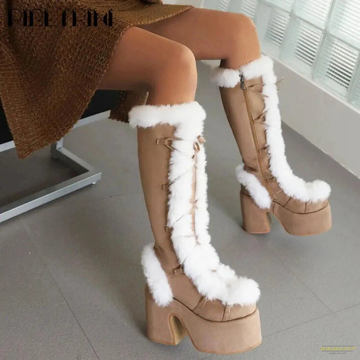 Punk Goth Women Boots Fur Halloween Cosplay Chunky Block Heel Platform Shoes Knee High Brand Designer Party Warm Boots