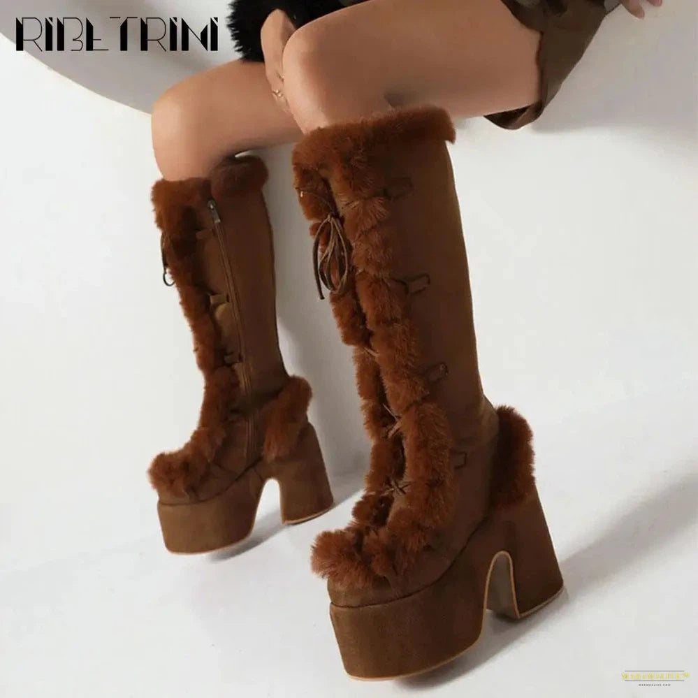 Punk Goth Women Boots Fur Halloween Cosplay Chunky Block Heel Platform Shoes Knee High Brand Designer Party Warm Boots