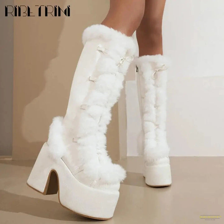 Punk Goth Women Boots Fur Halloween Cosplay Chunky Block Heel Platform Shoes Knee High Brand Designer Party Warm Boots