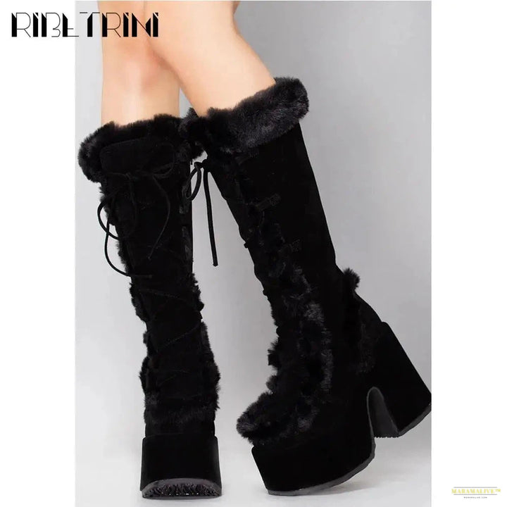 Punk Goth Women Boots Fur Halloween Cosplay Chunky Block Heel Platform Shoes Knee High Brand Designer Party Warm Boots