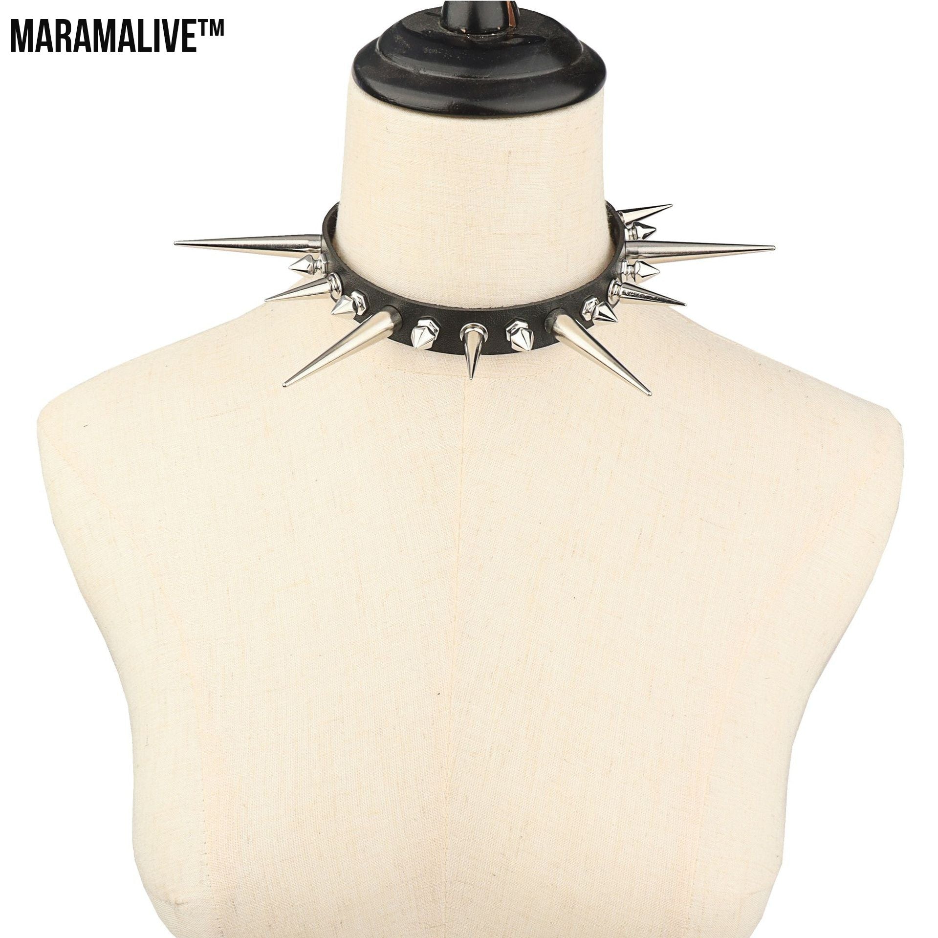 Punk Gothic Long And Short Rivet Spike Leather Collar Leather Necklace