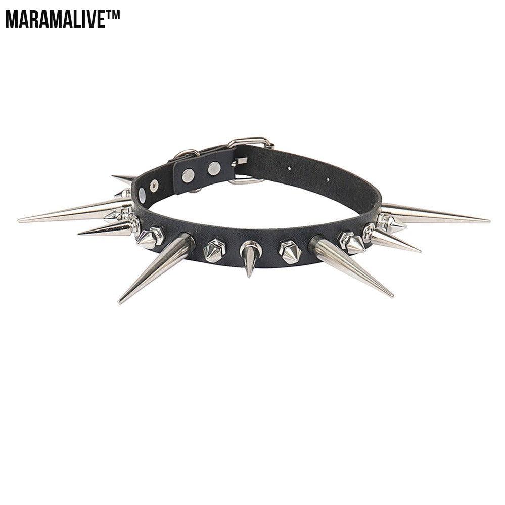 Punk Gothic Long And Short Rivet Spike Leather Collar Leather Necklace