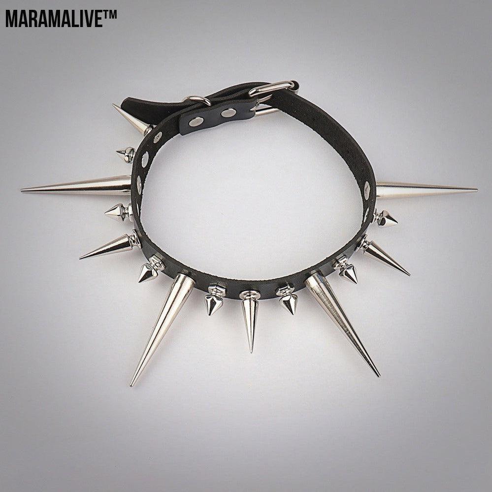 Punk Gothic Long And Short Rivet Spike Leather Collar Leather Necklace