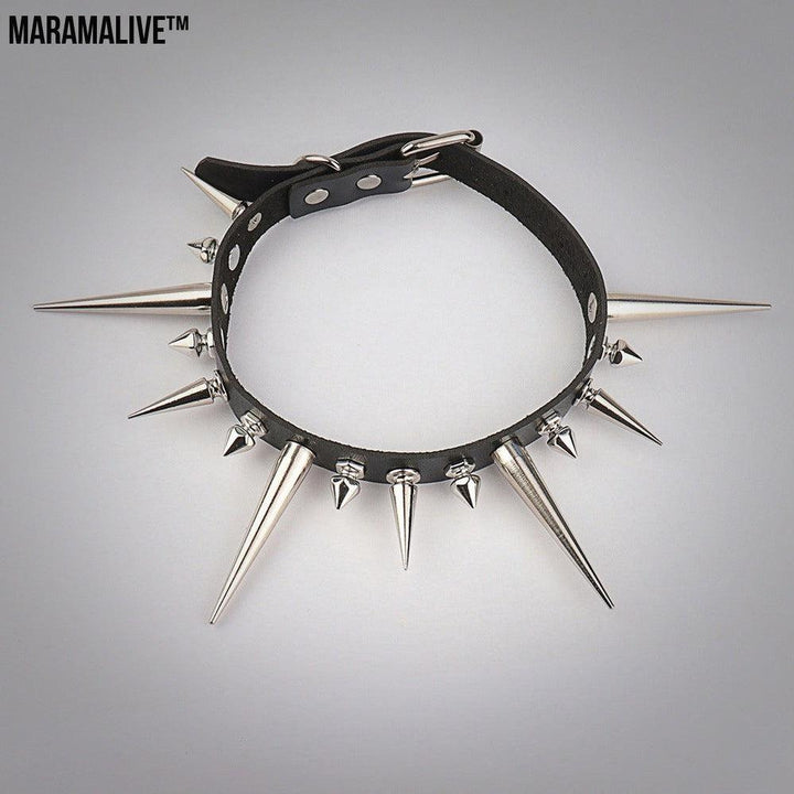 Punk Gothic Long And Short Rivet Spike Leather Collar Leather Necklace