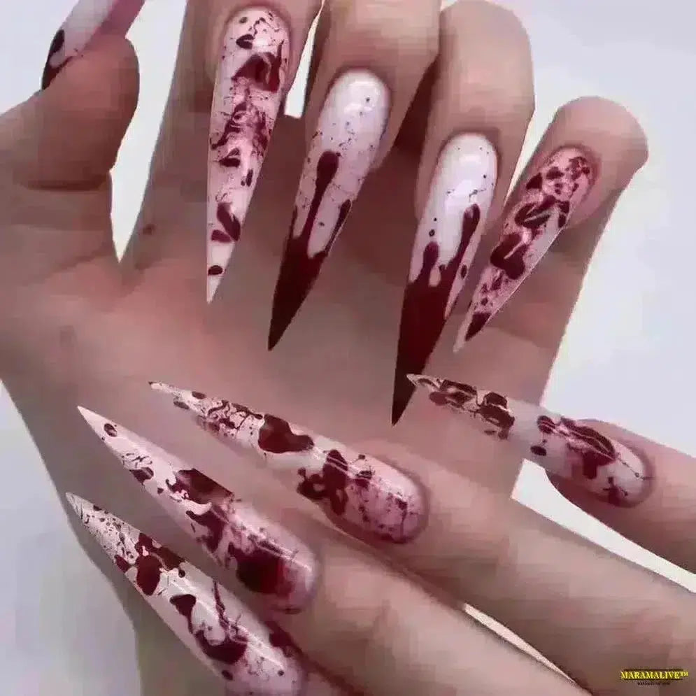 Punk Gothic Red White Halo Dyeing Smudging Gradient Long Pointed False Nails - Halloween Detachable Fake Nails Art Press-on Nails