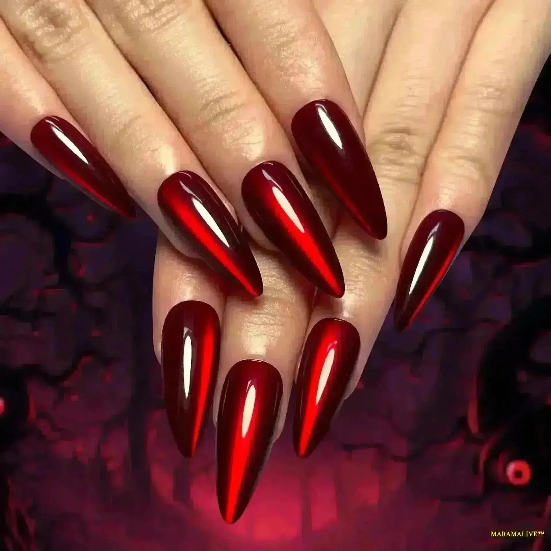 Punk Gothic Red White Halo Dyeing Smudging Gradient Long Pointed False Nails - Halloween Detachable Fake Nails Art Press-on Nails