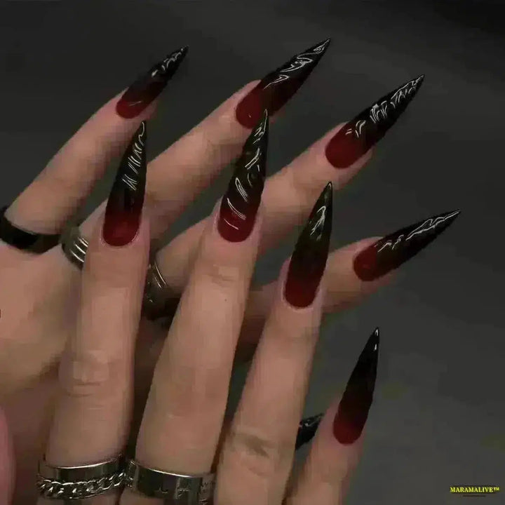 Punk Gothic Red White Halo Dyeing Smudging Gradient Long Pointed False Nails - Halloween Detachable Fake Nails Art Press-on Nails