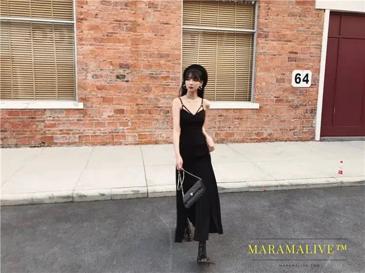 Punk Gothic Women Black Sexy Deep V-neck Dress Summer Elegant Fashion Dark Halter High Waist Split Dresses