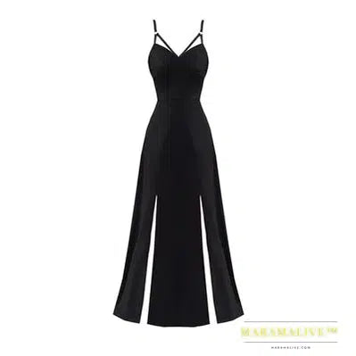 Punk Gothic Women Black Sexy Deep V-neck Dress Summer Elegant Fashion Dark Halter High Waist Split Dresses