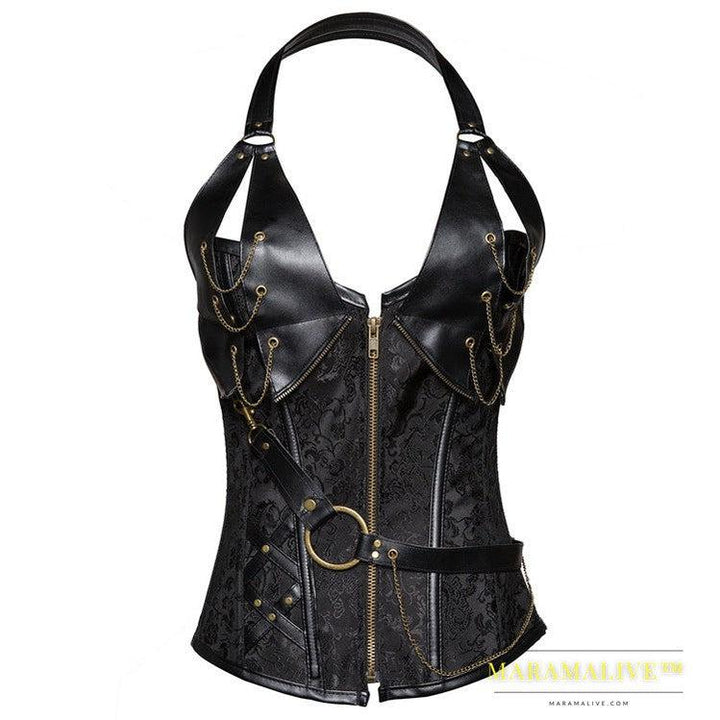 Punk Leather Corset With Belt Halter Shape Body