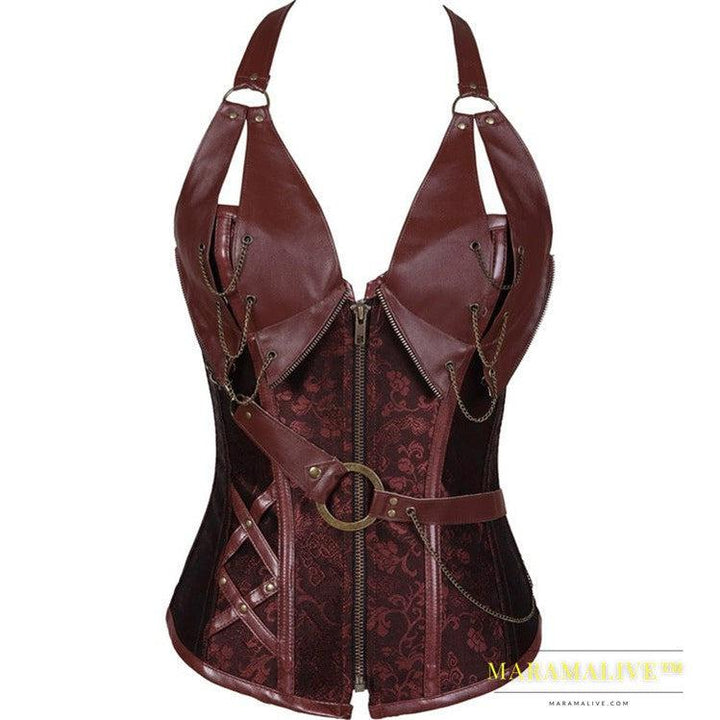 Punk Leather Corset With Belt Halter Shape Body