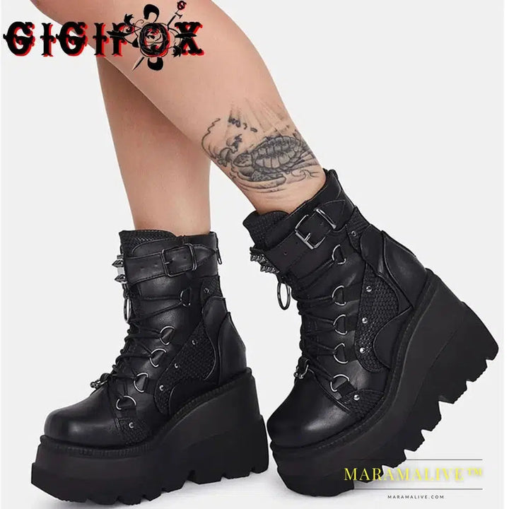 Punk Platform High Wedges Heels Black Goth Chunky Boots Women Shoes Big Size 43