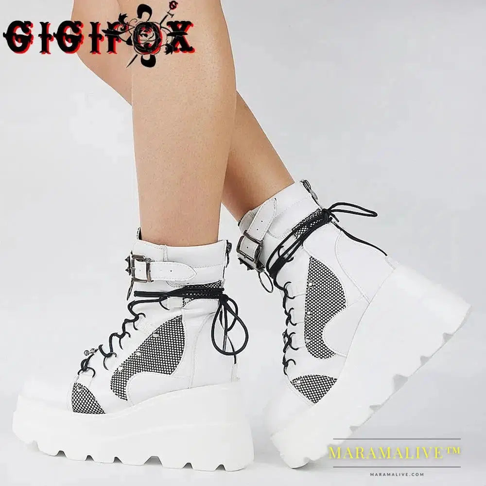 Punk Platform High Wedges Heels Black Goth Chunky Boots Women Shoes Big Size 43