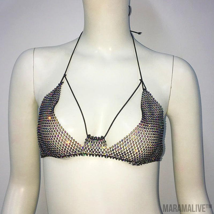 Punk Rhinestone Spaghetti Strap Bra Music Festival Top