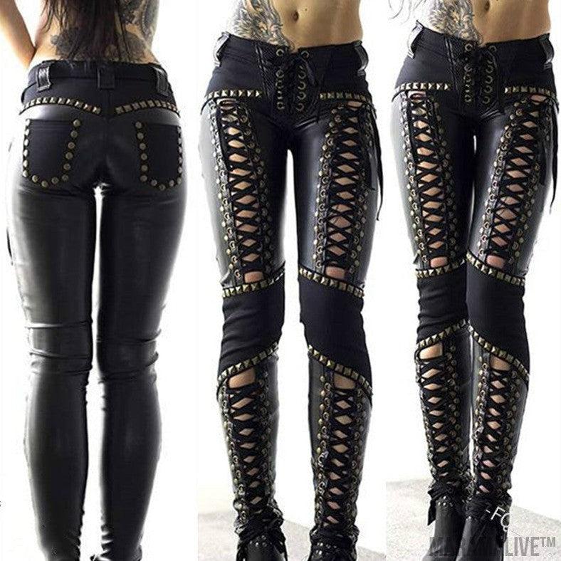 Punk Rock Leather Skinny Pants Strap Base Leather Pants