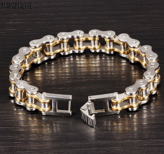 Punk Rock Stainless Steel Biker Bracelet with Link Chain - Men's Motorcycle Bike Chain Jewelry