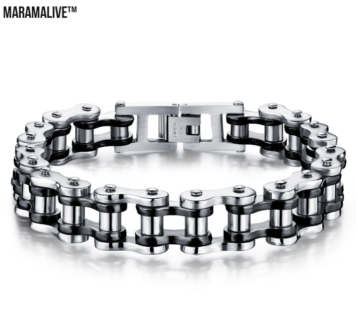 Punk Rock Stainless Steel Biker Bracelet with Link Chain - Men's Motorcycle Bike Chain Jewelry