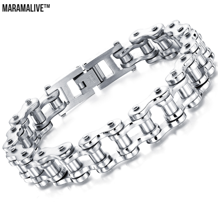 Punk Rock Stainless Steel Biker Bracelet with Link Chain - Men's Motorcycle Bike Chain Jewelry