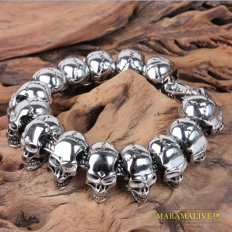 Punk Rocker Skull Head Man Bracelet for Men Stainless Steel Skeleton Jewelry Men's Bracelets & Bangles Male Mannen Armband Gifts