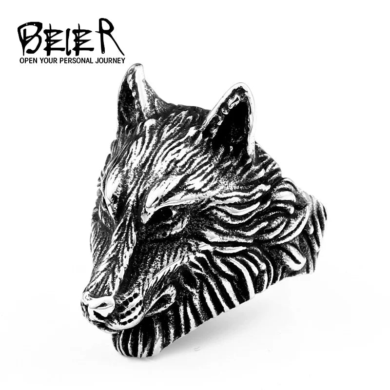 Punk Stainless Steel Thor Hammer Mjolnir Viking Wolf Head Ring For Man Amulet Punk Man's Fashion Animal Jewelry