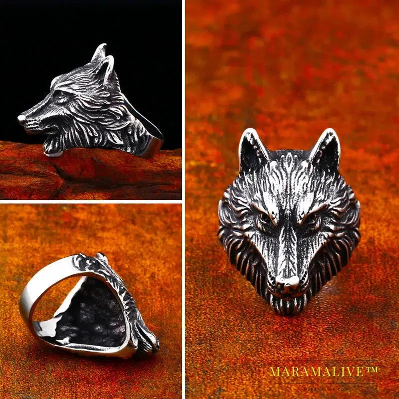 Punk Stainless Steel Thor Hammer Mjolnir Viking Wolf Head Ring For Man Amulet Punk Man's Fashion Animal Jewelry