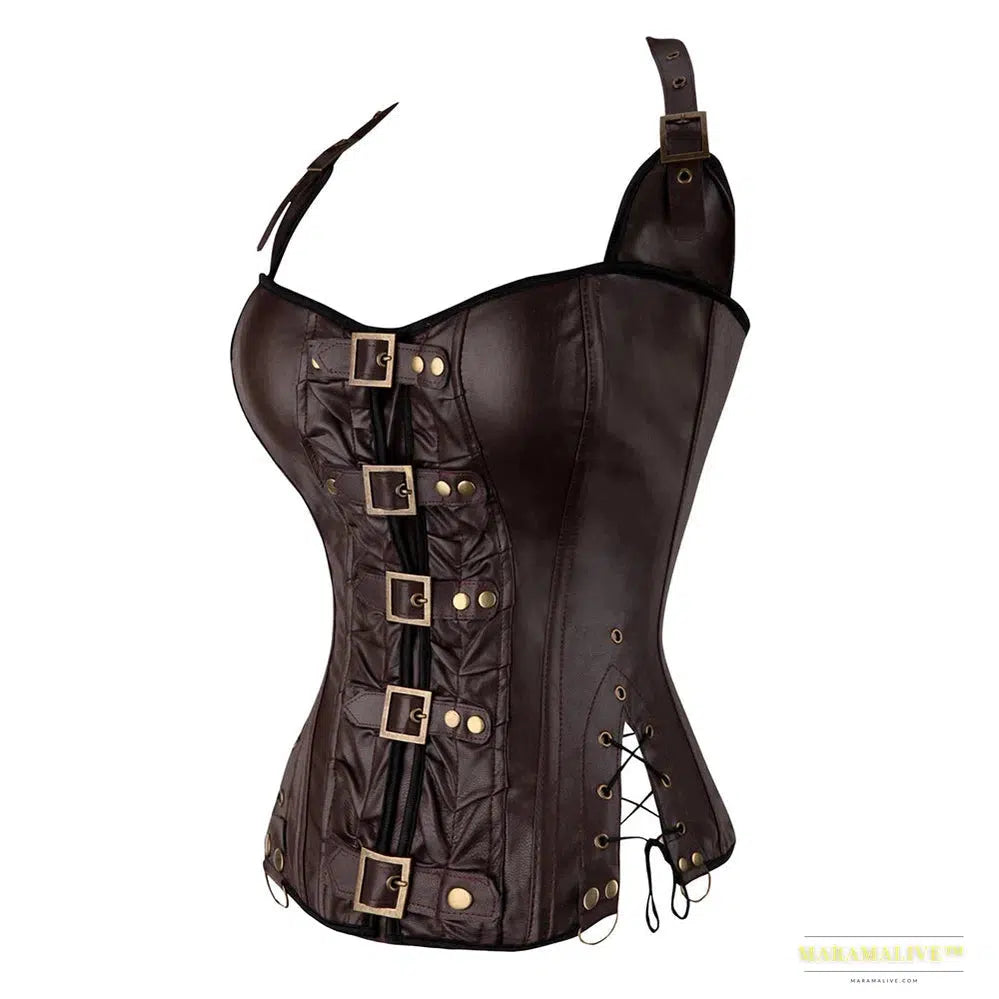 Punk Style Halterneck Basque Corselet Women Body Shaper Lace Up Boned Corset Black Brown 901#