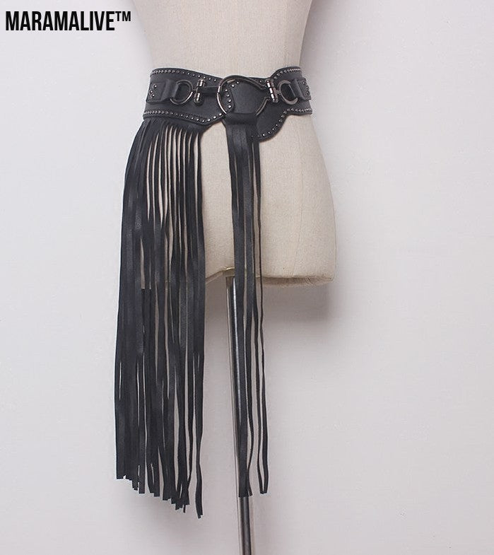 Punk Style Long Fringed Skirt Women's Studded Elastic Black Belt