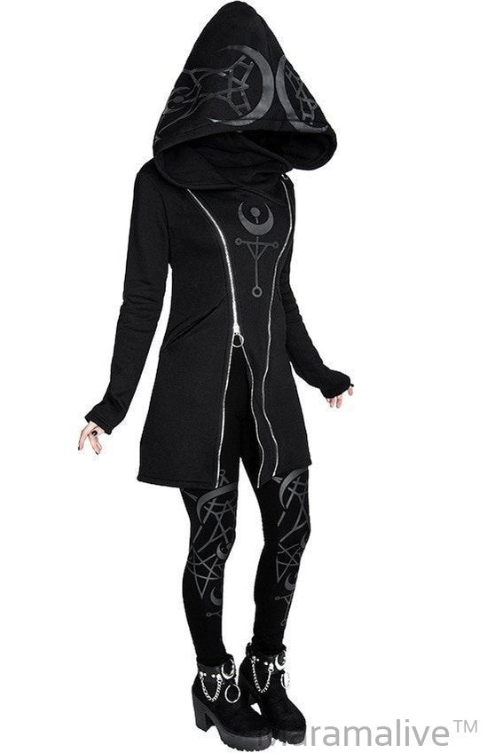 Punk Style Printed Long Sleeved Hooded Double Zipper Sweater Long