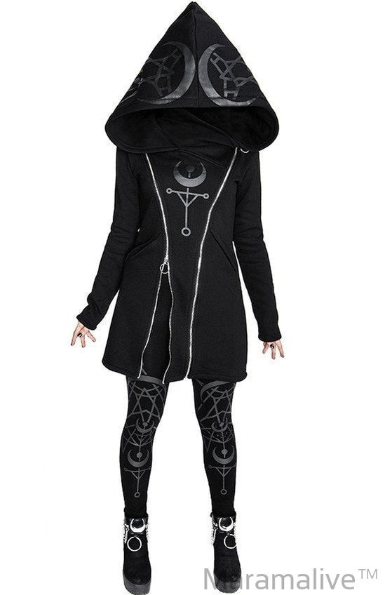 Punk Style Printed Long Sleeved Hooded Double Zipper Sweater Long