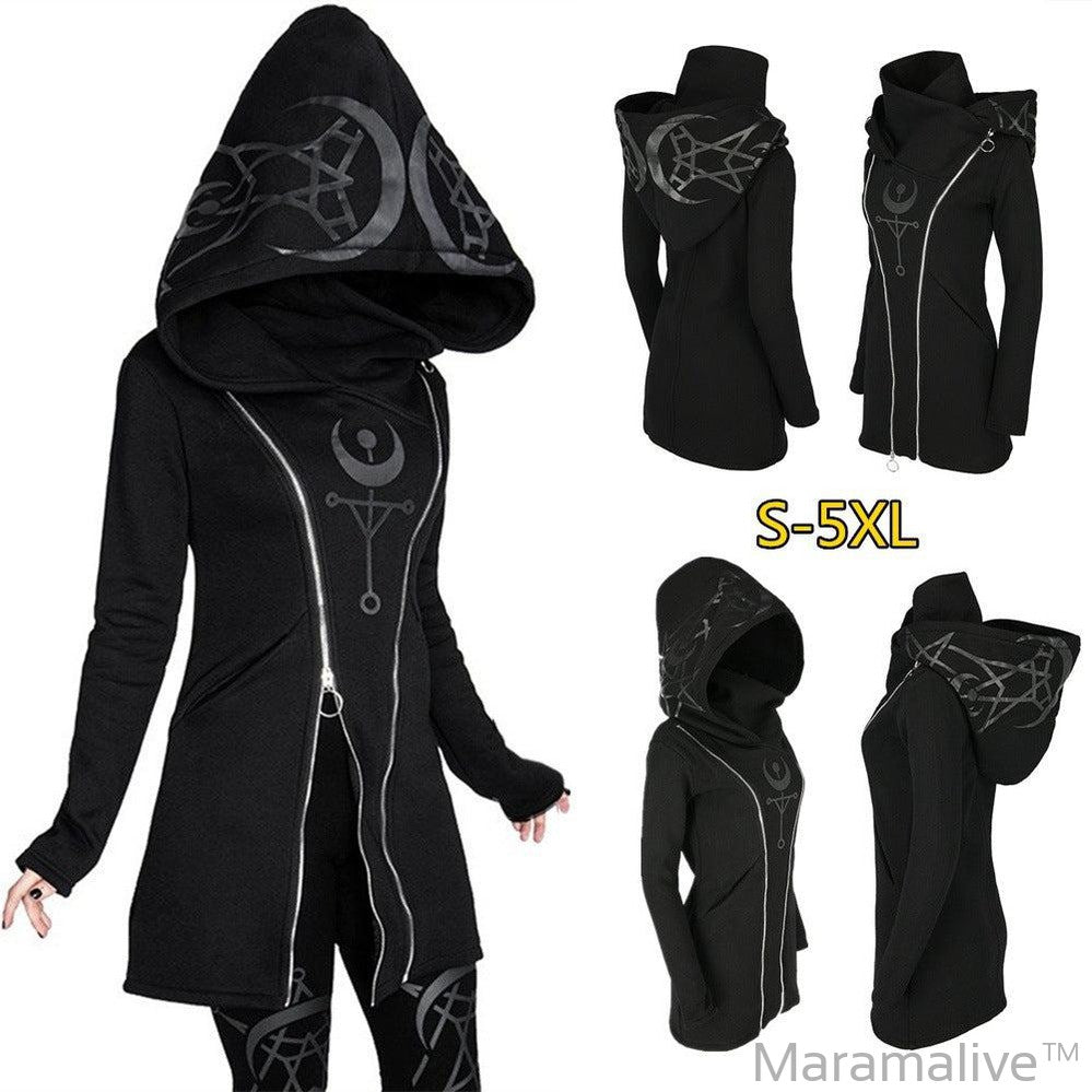 Punk Style Printed Long Sleeved Hooded Double Zipper Sweater Long