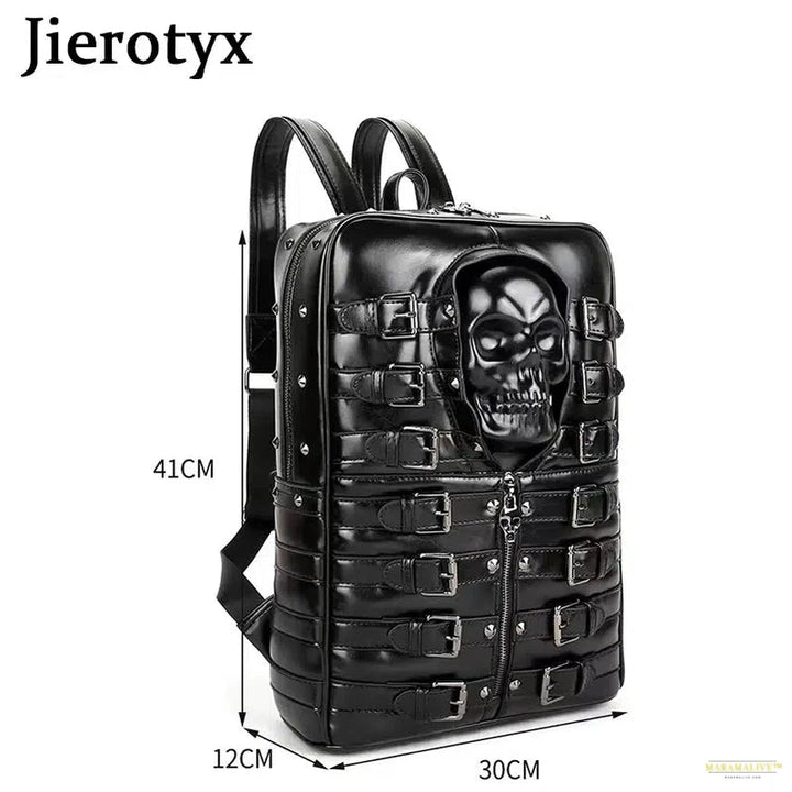 Punk Style Travel Bag for Women and Men Black Skull Daypack Backpack Belt Buckle Decor Skeleton Gothic Bags Large