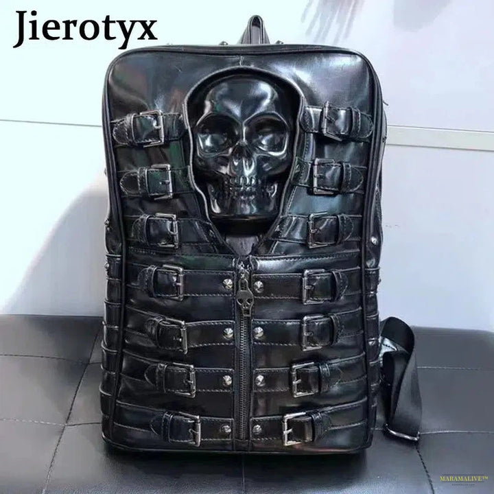 Punk Style Travel Bag for Women and Men Black Skull Daypack Backpack Belt Buckle Decor Skeleton Gothic Bags Large