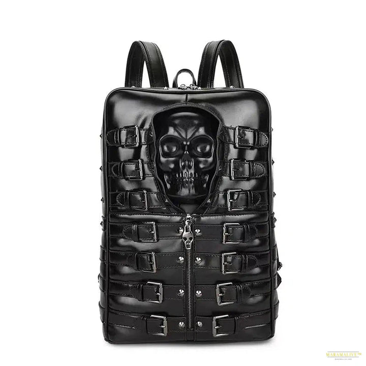 Punk Style Travel Bag for Women and Men Black Skull Daypack Backpack Belt Buckle Decor Skeleton Gothic Bags Large