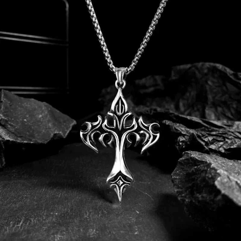 Punk Trend Retro Gothic Flame Cross Pendant Necklace – Uniquely Crafted Dark Jewelry for an Unflinching Statement