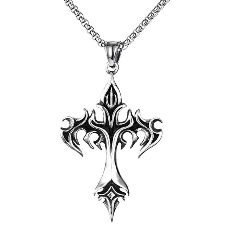 Punk Trend Retro Gothic Flame Cross Pendant Necklace – Uniquely Crafted Dark Jewelry for an Unflinching Statement