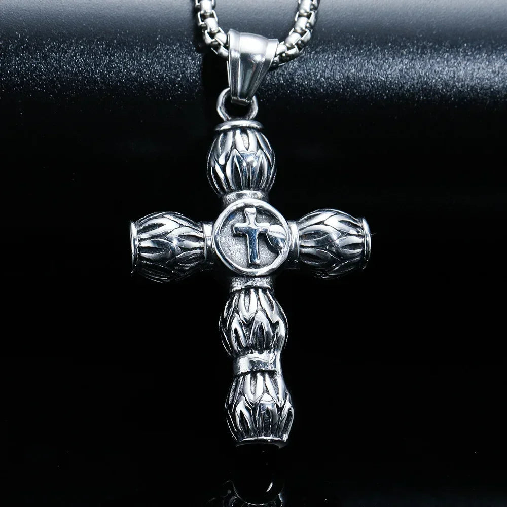 Punk Trend Retro Gothic Flame Cross Pendant Necklace – Uniquely Crafted Dark Jewelry for an Unflinching Statement